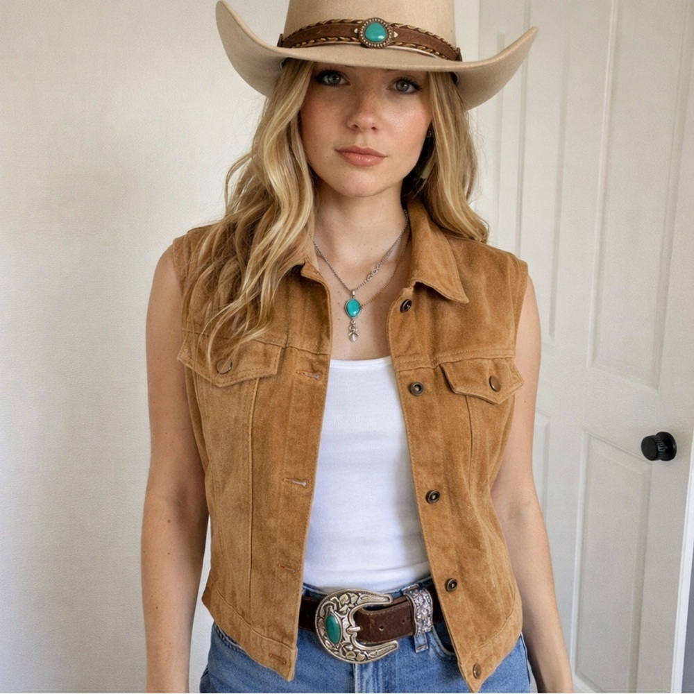 Women’s Tan Suede Leather Vest Large Western Snap Front Lined Tan Pockets D&Co